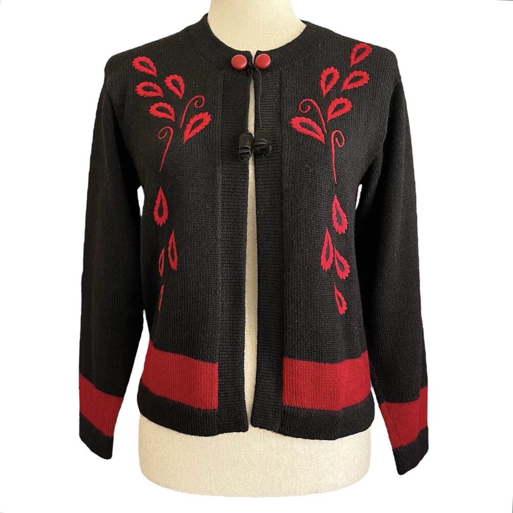 Bolivia Alpaca Wool Boho Open Cardigan Sweater Size S Black Red Artsy Embroidery